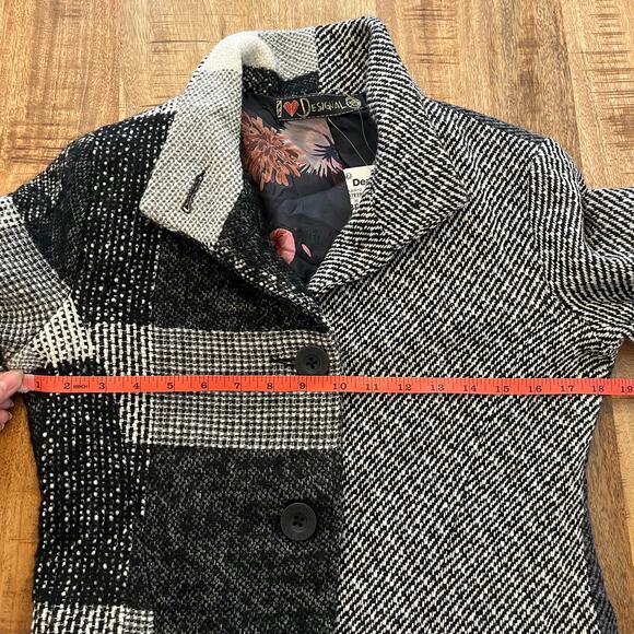 NWT Desigual Wool Blend Coat Womens 4 Tweed Embroidered Plaid Artsy Jacket Pea - Picture 11 of 16